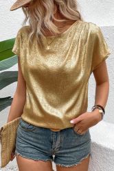 Gold Glossy Round Neck Pleated Detail Short Sleeve Blouse