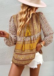 Yellow Floral Boho Tassel Blouse