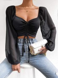 Cropped Long Sleeve Top with Front Drawstring and Square Neck