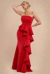 Strapless Red Evening Dress with Peplum Waterfall Ruffles