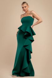 Strapless Emerald Evening Dress with Peplum Waterfall Ruffles