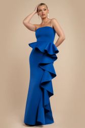 Strapless Royal Blue Evening Dress with Peplum Waterfall Ruffles
