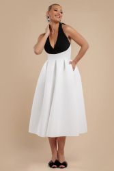 Elegant Contrast Midi Dress with Back Bow Detail