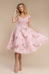 Blush Pink Midi Dress with Textured Skirt and Cap Sleeves – Romantic Occasionwear