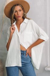 White Textured Cotton Gauze Single Chest Pocket 3/4 Sleeve Oversize Shirt