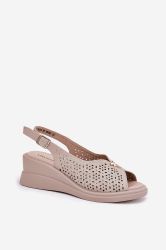 Beige Leather Women’s Sandals with Perforated Design and Buckle – Step in Style