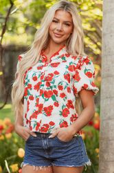 Red Floral Print Ruffled Puff Sleeve Elegant Summer Shirt