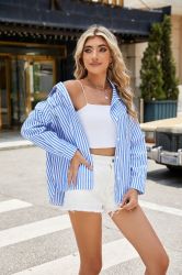 Women's Blue and White Striped Shirt with Two Front Pockets
