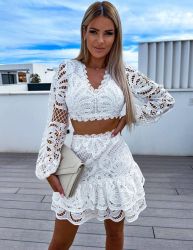 White Lace Two-Piece Set with Long Sleeves and Ruffled Mini Skirt