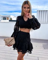 Black Lace Two-Piece Set with Long Sleeves and Ruffled Mini Skirt