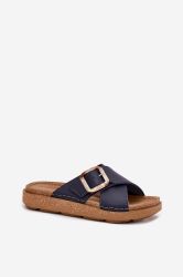 Women's Navy Blue Leather Sandals INBLU with Anatomical Insole and Buckle