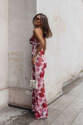 Elegant Long Floral Dress with Slit and Strappy Design