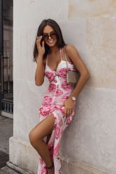 Elegant Long Floral Dress with Slit and Strappy Design