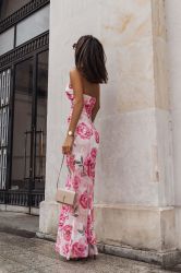 Elegant Long Floral Dress with Slit and Strappy Design