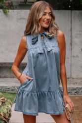 Sleeveless Cotton Chambray Dress with Ruffle Hem and Bow Tie Neck