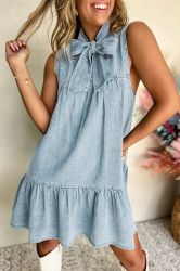 Sleeveless Cotton Chambray Dress with Ruffle Hem and Bow Tie Neck