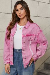 Bonbon Pearl Beaded Raw Hem Button Up Denim Jacket