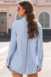 Stripe Roll-tab Sleeve Pocketed Long Shirt