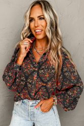 Black Strawberry Aesthetic Floral Puff Sleeve Shirt