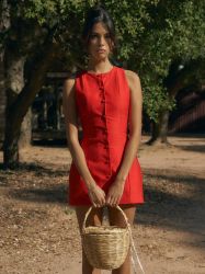 Sleeveless Red Mini Dress with Button-Front Detail