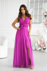 Long Violet Dress with Decorative Rose Belt and Airy Skirt