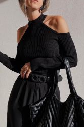 Black Ribbed Sweater with Open Shoulders