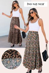 Reversible Maxi Skirt with Ruffle Hem - Leopard & Floral Print