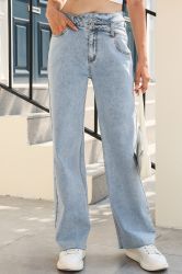 Sky Blue Mid Rise Asymmetrical Waist Wide Leg Jeans