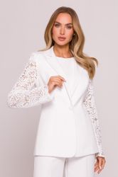 Luxury White Blazer with Lace Sleeves and Single‑Button Closure