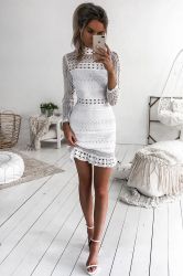 White Lace Mini Dress with High Neck and Long Sleeves