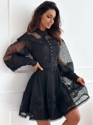 Black Lace Dress with Puff Sleeves and Collar