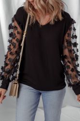 Black Top with Sheer Sleeves and 3D Flowers