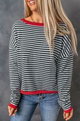 Contrast Trimmed Striped Drop Shoulder Sweater, 100% Cotton