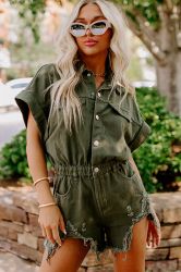Olive Green Short Denim Romper with Pockets and Fringe Hem