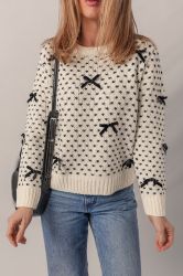 Beige Sweater with Black Bow Details and Ribbed Edges