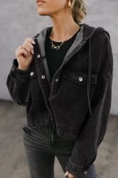 Black Oversized Hooded Denim Jacket with Front Pockets