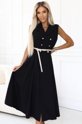 Elegant Black Midi Trench Coat Dress with Buttons and Belt