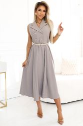 Elegant Gray Midi Trench Coat Dress with Buttons and Belt