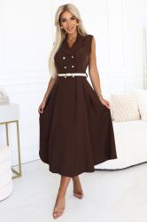 Elegant Brown Midi Trench Coat Dress with Buttons and Belt