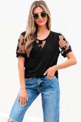 Black Floral Mesh Patchwork Loose V Neck Plus Size T Shirt