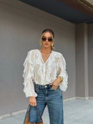 White Chiffon Ruffle Button-Up Blouse