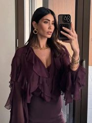 Wine Red Chiffon Ruffle Button-Up Blouse