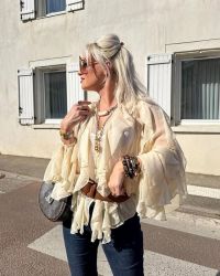 Beige Chiffon Ruffle Button-Up Blouse