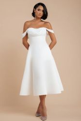 White Bardot Midi Dress with Sparkle Chiffon Cowl