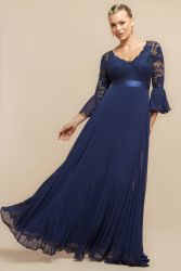 Dark Blue Lace Bodice Pleated Chiffon Maxi Dress with Bell Sleeves