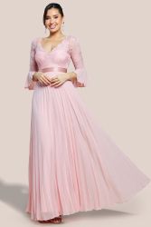 Powder Pink Lace Bodice Pleated Chiffon Maxi Dress with Bell Sleeves
