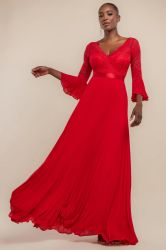 Red Lace Bodice Pleated Chiffon Maxi Dress with Bell Sleeves
