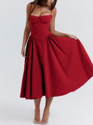Elegant Red Midi Dress with Thin Straps and A-Line Skirt