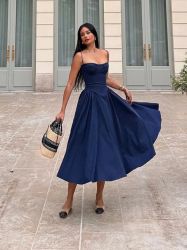 Elegant Dark Blue Midi Dress with Thin Straps and A-Line Skirt