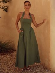 Green Halter Neck Dress with Flowy Skirt